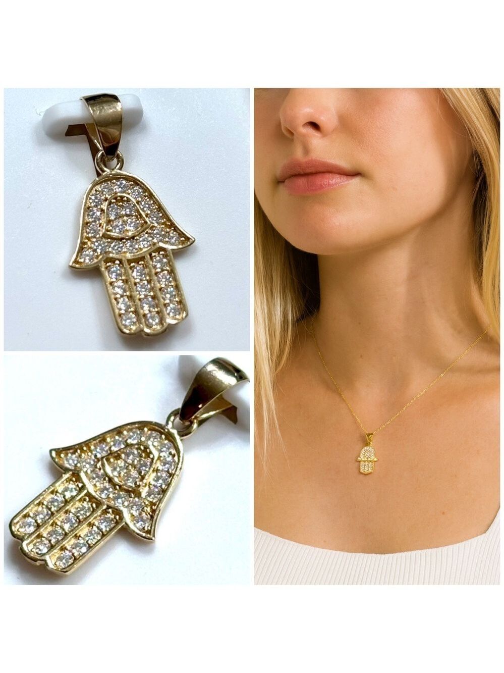Moissanite and Gold over 925 Sterling Silver Hamsa Pendant